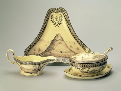 Covered bowl and spoon, triangular dish and sauceboat, from the 